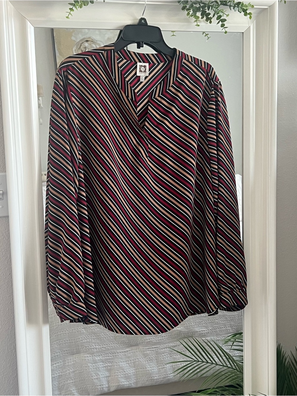 Anne Klein Black Striped V-Neck Blouse with Pink and White Stripes